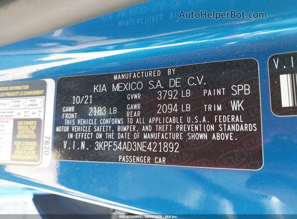 3KPF54AD3NE421892 2022 KIA FORTE Blue Engine compartment view