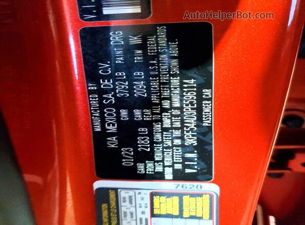 3KPF54AD3PE596114 2023 KIA FORTE Orange VIN կոդի պիտակի տեսք