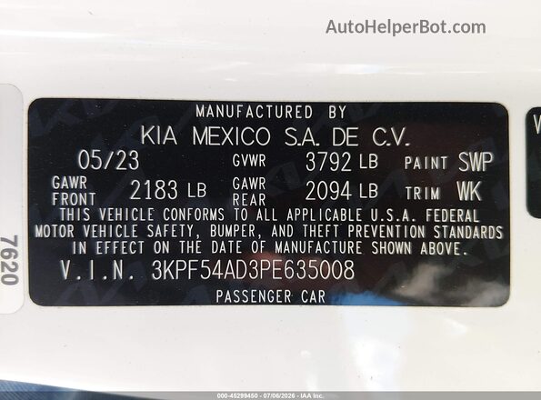 3KPF54AD3PE635008 2023 KIA FORTE White Widok komory silnika