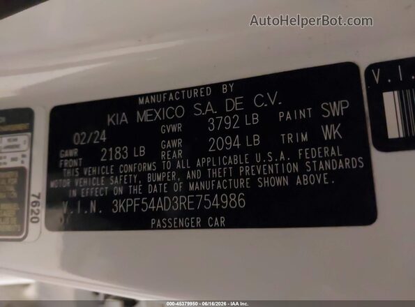 3KPF54AD3RE754986 2024 KIA FORTE White Вид підкапотного простору