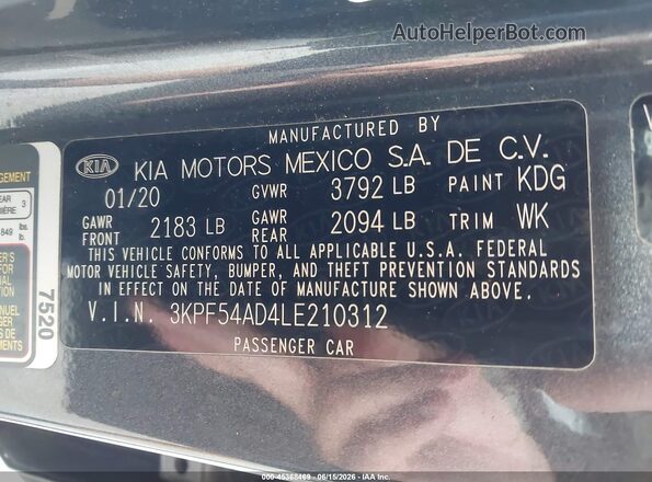 3KPF54AD4LE210312 2020 KIA FORTE Gray ძრავის განყოფილების ხედი