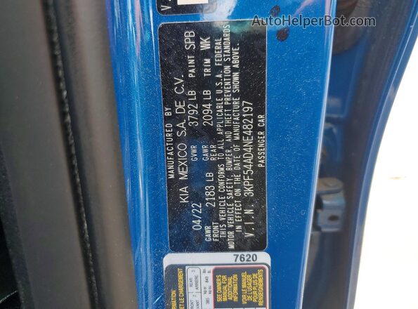 3KPF54AD4NE482197 2022 KIA FORTE Blue 