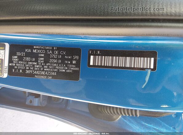 3KPF54AD5NE425944 2022 KIA FORTE Blue Widok komory silnika