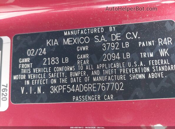 3KPF54AD6RE767702 2024 KIA FORTE Red Widok komory silnika