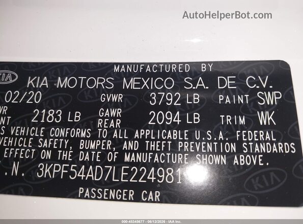 3KPF54AD7LE224981 2020 KIA FORTE White Շարժիչի բաժամունքի տեսք