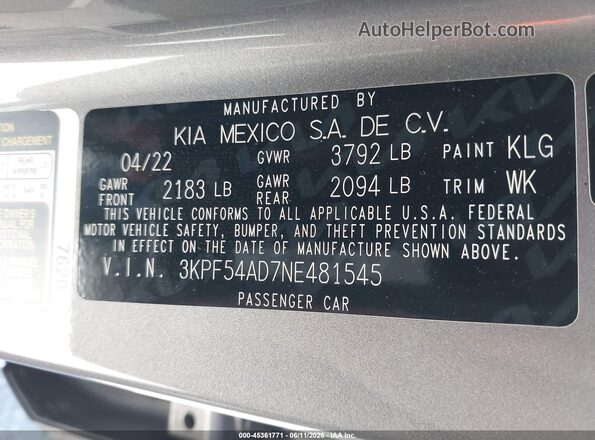 3KPF54AD7NE481545 2022 KIA FORTE Silver ძრავის განყოფილების ხედი