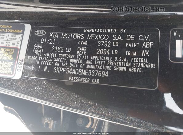 3KPF54AD8ME337694 2021 KIA FORTE Black Engine compartment view