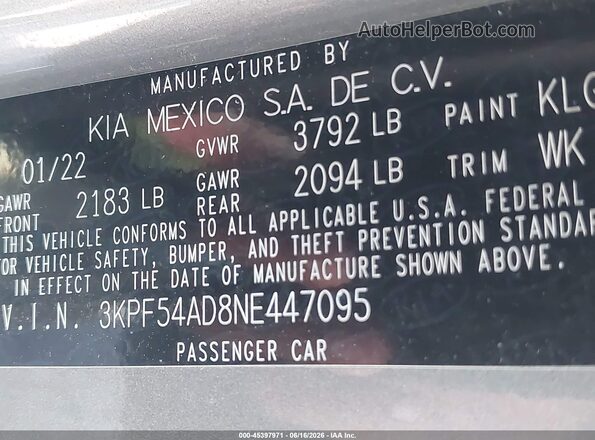 3KPF54AD8NE447095 2022 KIA FORTE Gray Widok komory silnika