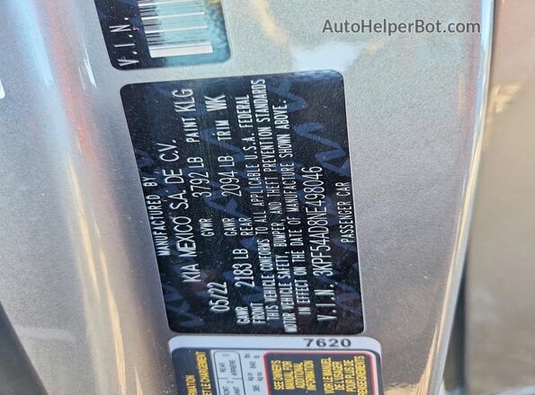 3KPF54AD8NE498046 2022 KIA FORTE Gray 