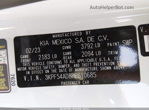 3KPF54AD8PE610685 2023 KIA FORTE White ძრავის განყოფილების ხედი