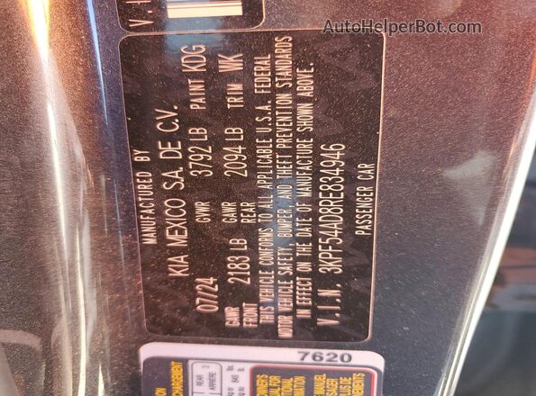 3KPF54AD8RE834946 2024 KIA FORTE Gray VIN კოდის სტიკერის ხედი