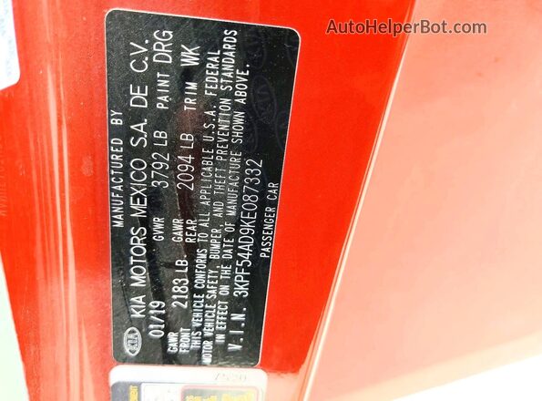 3KPF54AD9KE087332 2019 KIA FORTE Orange 