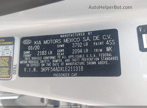 3KPF54ADXLE211318 2020 KIA FORTE Серый Вид подкапотного пространства