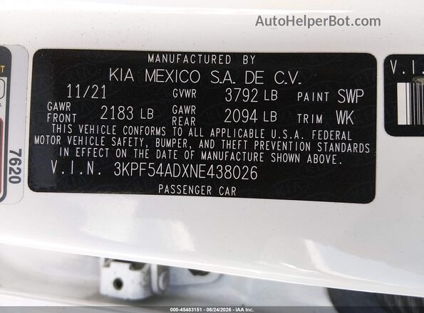 3KPF54ADXNE438026 2022 KIA FORTE White Engine compartment view