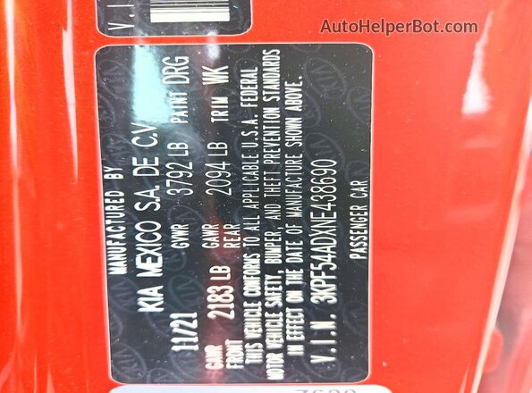 3KPF54ADXNE438690 2022 KIA FORTE Orange Вид підкапотного простору