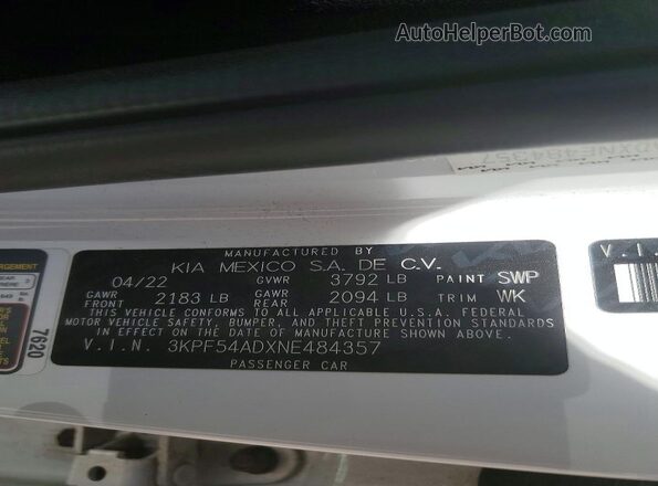3KPF54ADXNE484357 2022 KIA FORTE White 