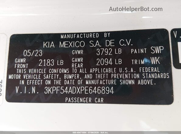 3KPF54ADXPE646894 2023 KIA FORTE White Вид підкапотного простору