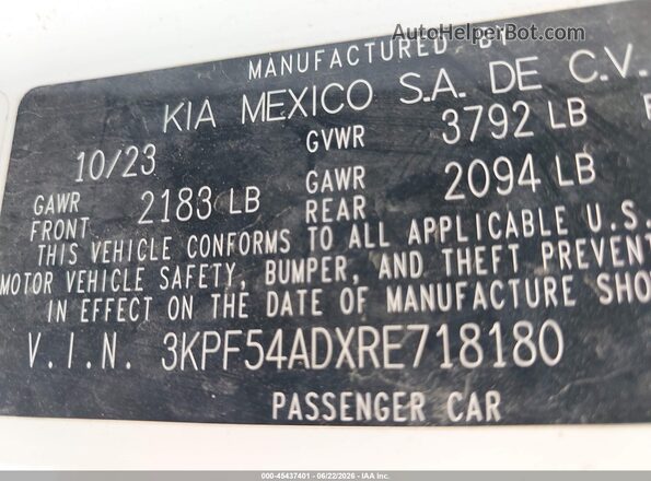 3KPF54ADXRE718180 2024 KIA FORTE White Widok komory silnika