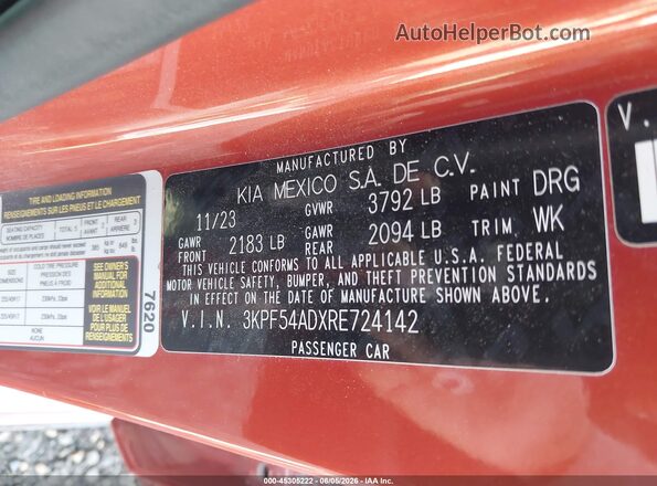 3KPF54ADXRE724142 2024 KIA FORTE Orange Շարժիչի բաժամունքի տեսք