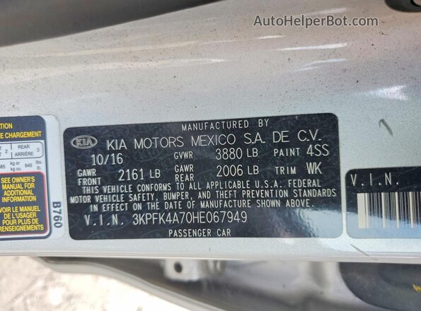 3KPFK4A70HE067949 2017 KIA FORTE Silver VIN კოდის სტიკერის ხედი