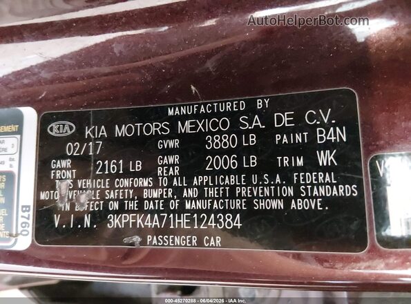3KPFK4A71HE124384 2017 KIA FORTE Бордовый Вид подкапотного пространства