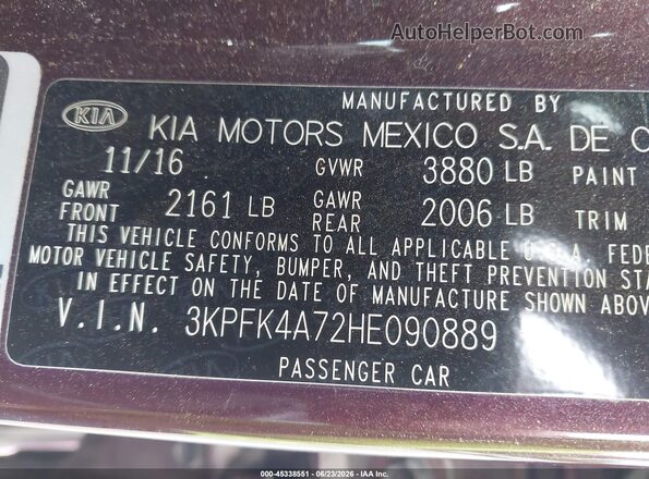 3KPFK4A72HE090889 2017 KIA FORTE Burgundy Вид підкапотного простору