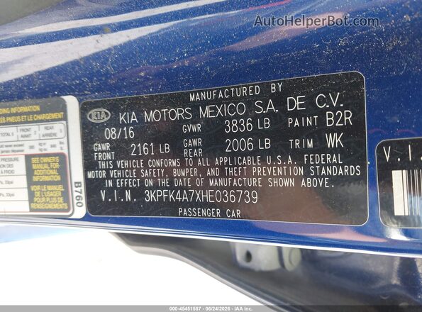 3KPFK4A7XHE036739 2017 KIA FORTE Blue ძრავის განყოფილების ხედი