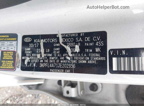 3KPFL4A71JE202956 2018 KIA FORTE Silver Շարժիչի բաժամունքի տեսք