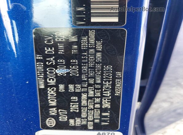 3KPFL4A73HE123136 2017 KIA FORTE Blue Вид підкапотного простору