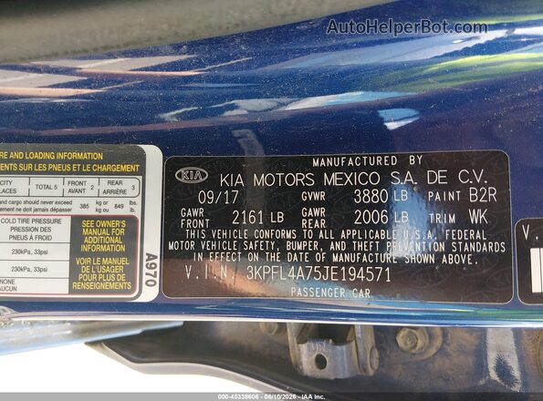 3KPFL4A75JE194571 2018 KIA FORTE Blue Շարժիչի բաժամունքի տեսք