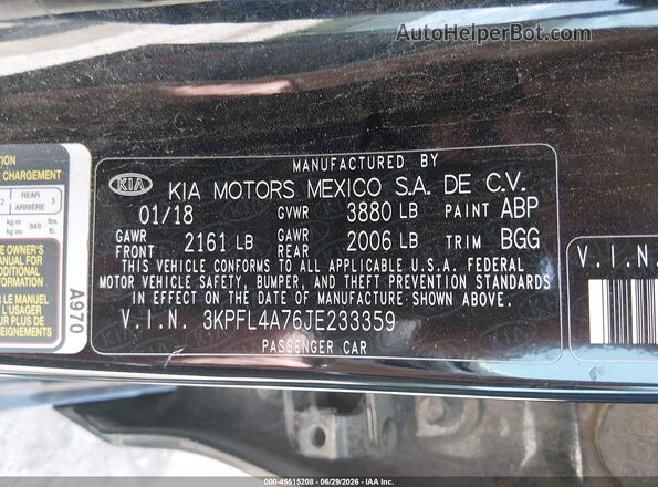 3KPFL4A76JE233359 2018 KIA FORTE Black Շարժիչի բաժամունքի տեսք