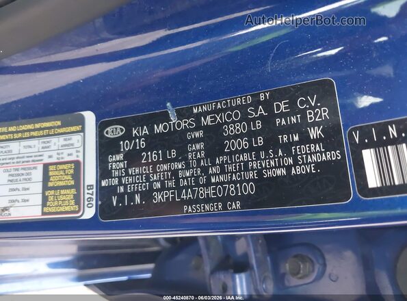 3KPFL4A78HE078100 2017 KIA FORTE Blue Engine compartment view