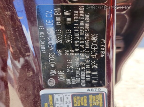 3KPFL4A79HE014809 2017 KIA FORTE Burgundy Widok komory silnika