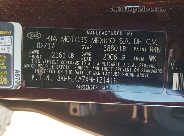 3KPFL4A7XHE121416 2017 KIA FORTE Бордовый Вид подкапотного пространства