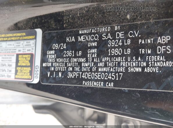 3KPFT4DE0SE024517 2025 KIA K4 Black Շարժիչի բաժամունքի տեսք