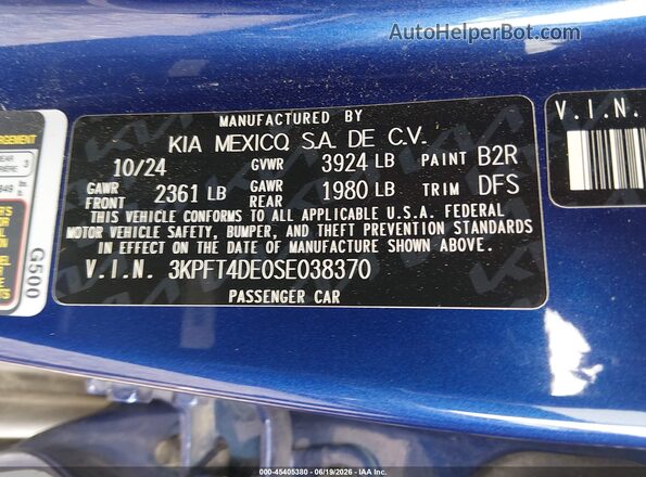 3KPFT4DE0SE038370 2025 KIA K4 Blue ძრავის განყოფილების ხედი