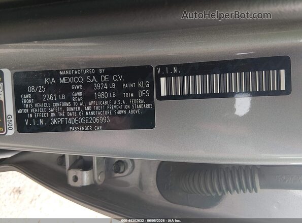 3KPFT4DE0SE206993 2025 KIA K4 Gray Շարժիչի բաժամունքի տեսք