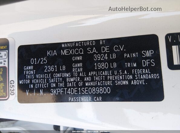 3KPFT4DE1SE089800 2025 KIA K4 White Widok komory silnika