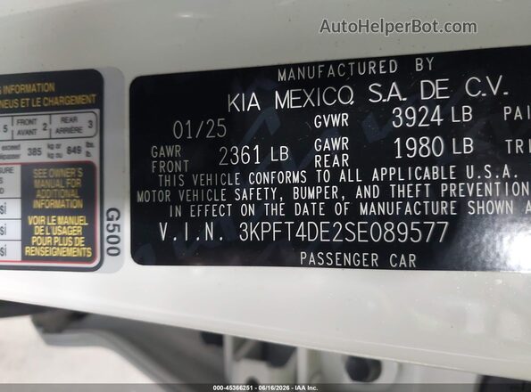 3KPFT4DE2SE089577 2025 KIA K4 White Вид підкапотного простору