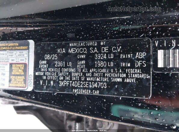 3KPFT4DE2SE194703 2025 KIA K4 Black Вид підкапотного простору