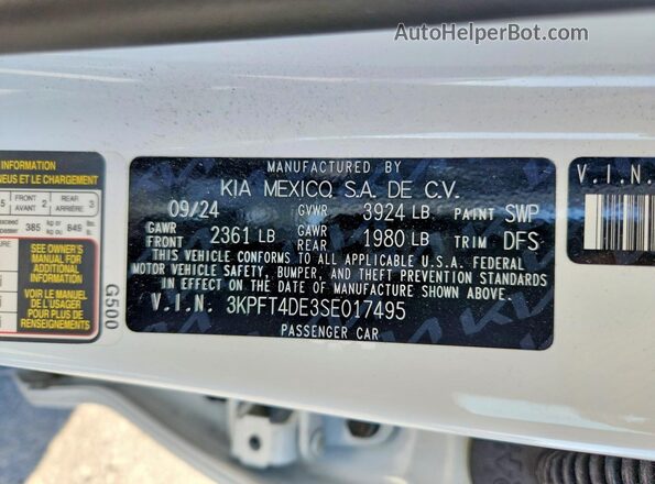 3KPFT4DE3SE017495 2025 KIA K4 White VIN კოდის სტიკერის ხედი