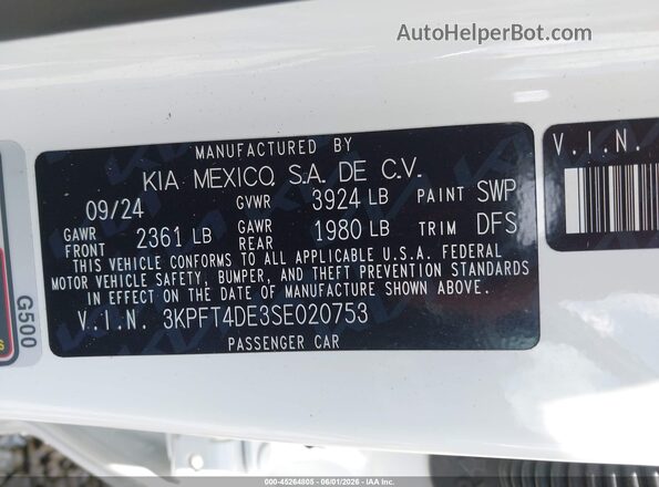 3KPFT4DE3SE020753 2025 KIA K4 White Widok komory silnika