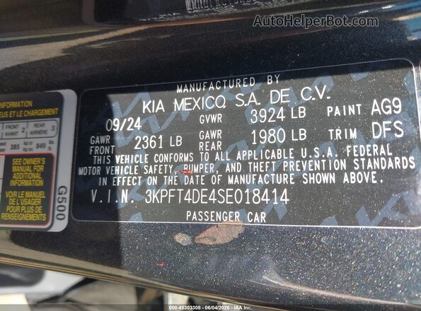 3KPFT4DE4SE018414 2025 KIA K4 Black Շարժիչի բաժամունքի տեսք