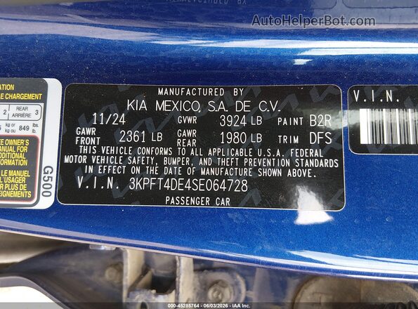 3KPFT4DE4SE064728 2025 KIA K4 Blue 