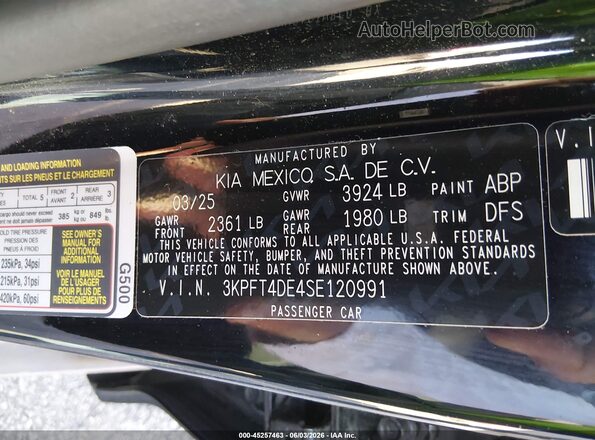 3KPFT4DE4SE120991 2025 KIA K4 Black Engine compartment view