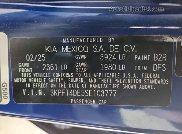 3KPFT4DE5SE103777 2025 KIA K4 Blue 