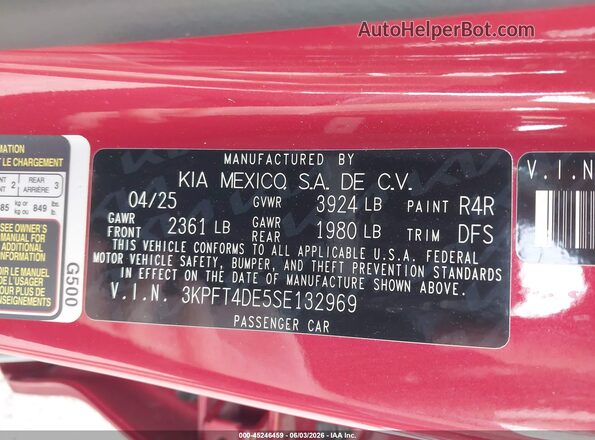 3KPFT4DE5SE132969 2025 KIA K4 Red Widok komory silnika