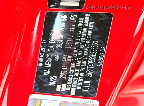 3KPFT4DE5SE238550 2025 KIA K4 Red Вид наклейки з VIN-кодом