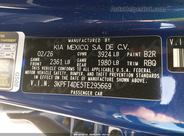 3KPFT4DE5TE295669 2026 KIA K4 Blue Widok komory silnika