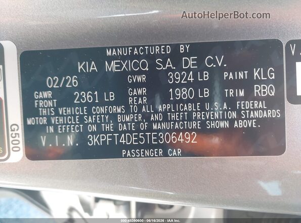 3KPFT4DE5TE306492 2026 KIA K4 Gray Вид підкапотного простору